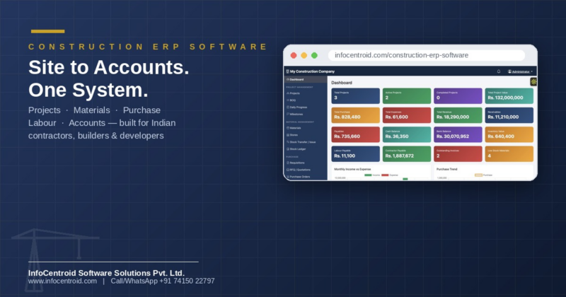 a construction company's projects, material stock, purchase orders, labour, subcontractor billing and accounts — replacing scattered spreadsheets, WhatsApp updates and disconnected billing tools